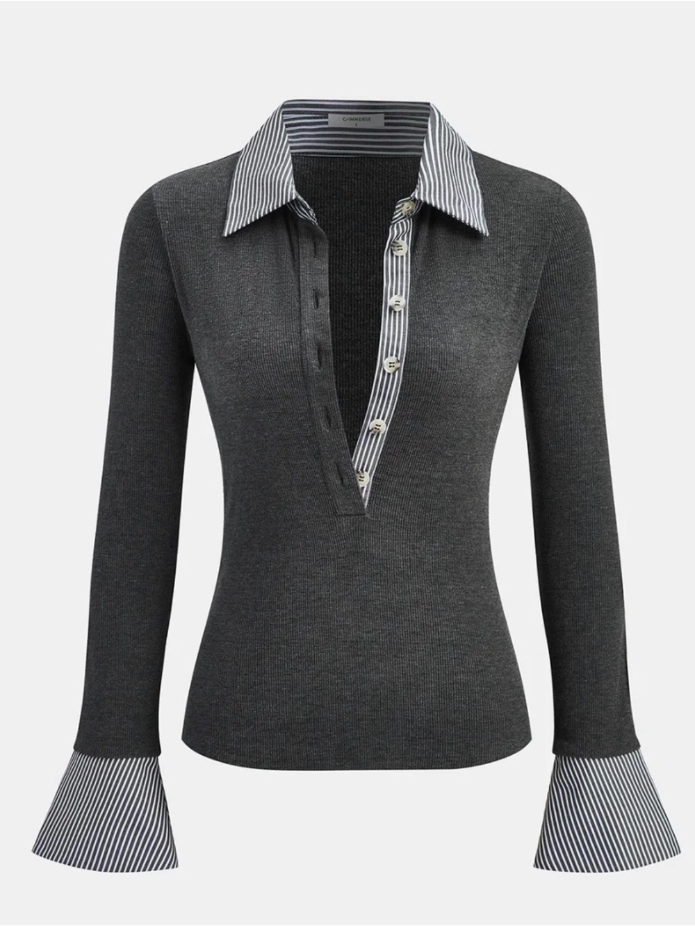 Commense Striped Shirt Panel Knit Top gray business casual size small NWT